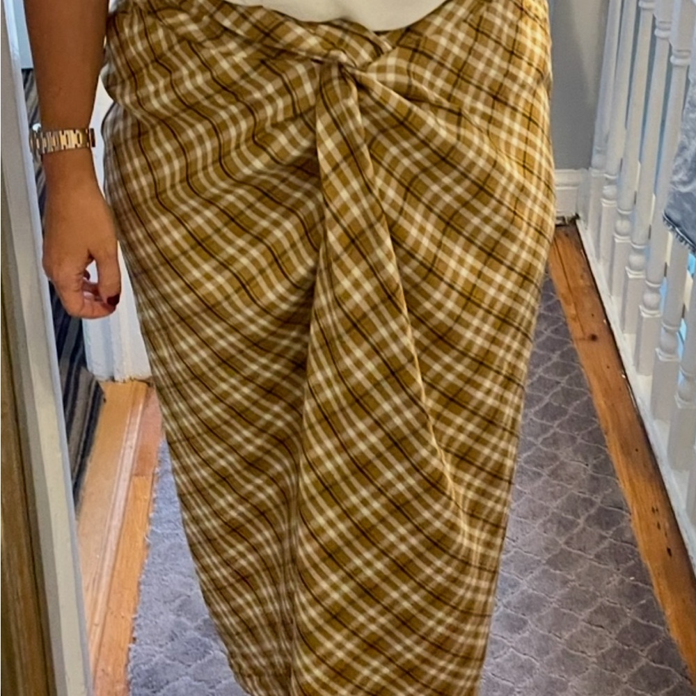 L'Academie Checkered Tan Avril Midi Skirt in Ochre